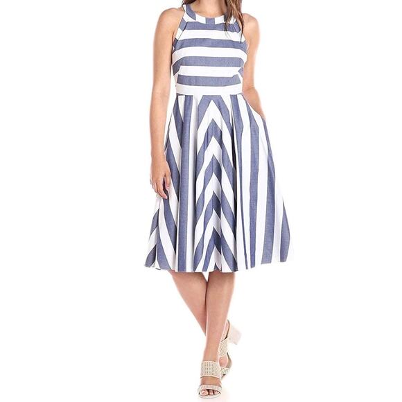 Eliza J midi dress white and chambray blue striped size 12‎ fit and flare - Picture 1 of 7
